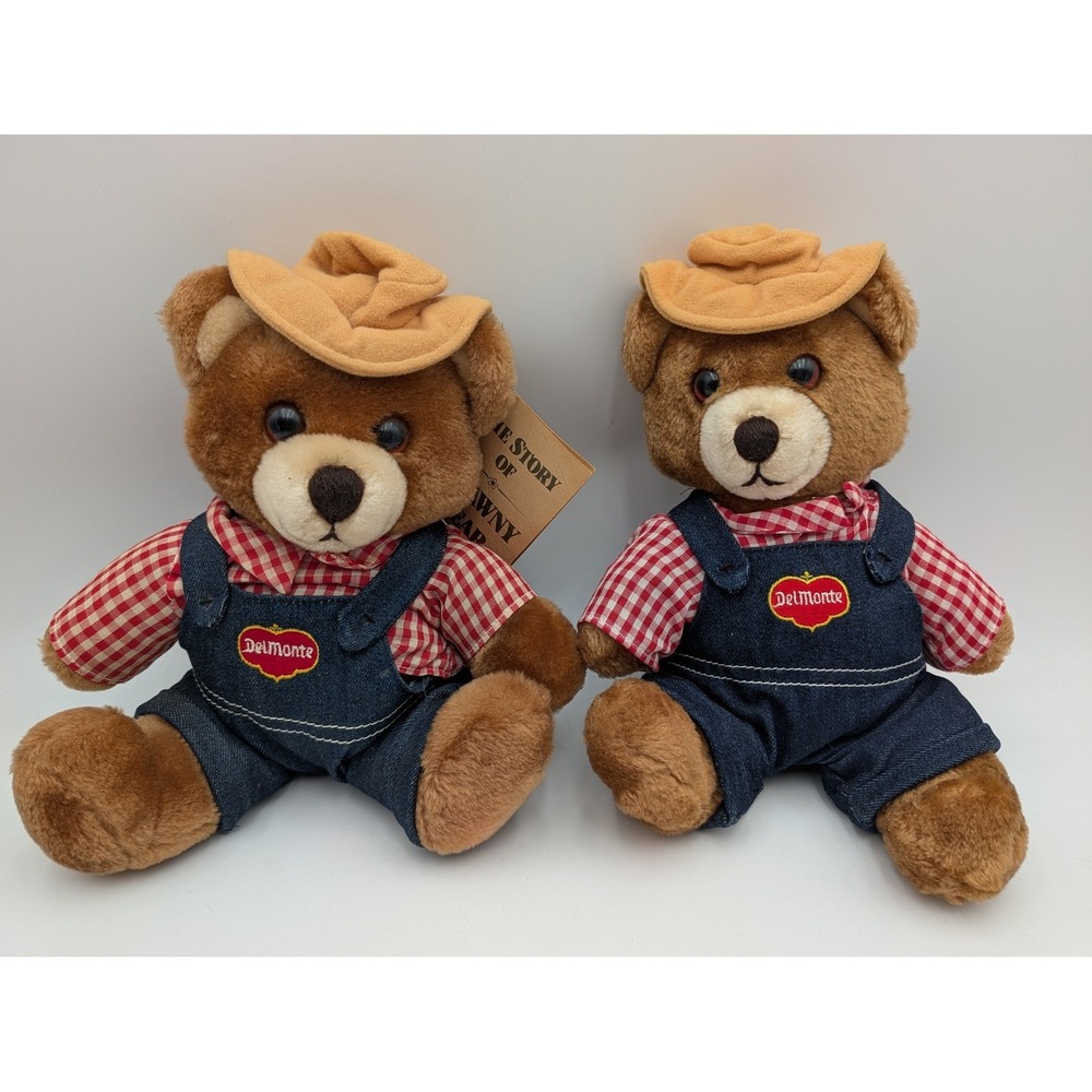 Dakin Del Monte Brawny Bear Brown Lot 2 Vintage 1985 Denim Overalls Hat Plush